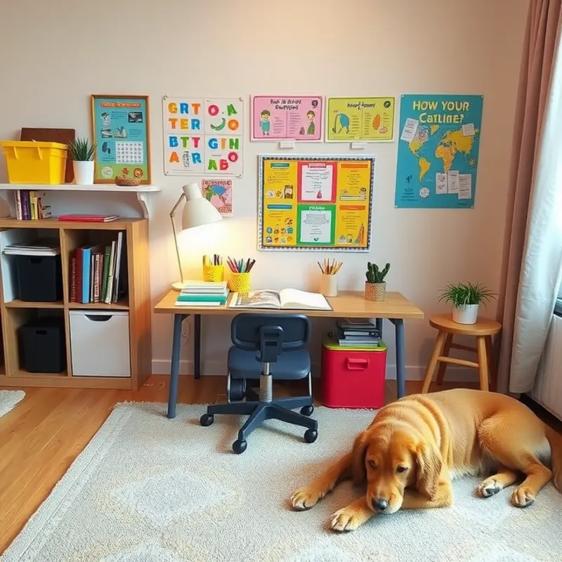 A thoughtfully designed cozy learning space for homeschooling in an apartment.