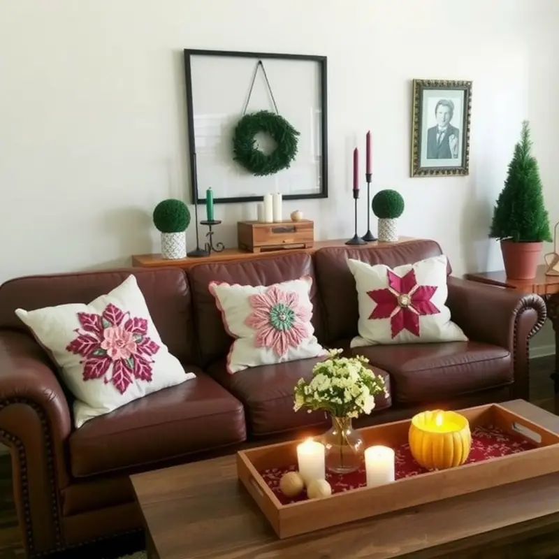 A beautiful living room adorned with seasonal crafts and accents.