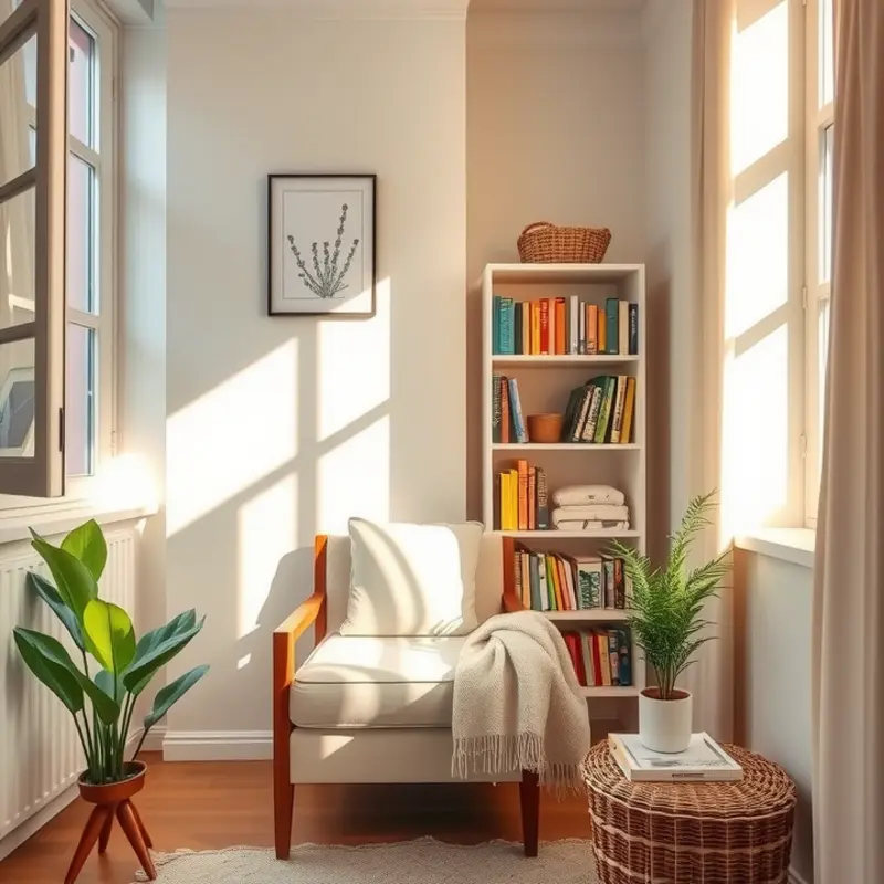 A bright cozy nook with a reading chair and plants.