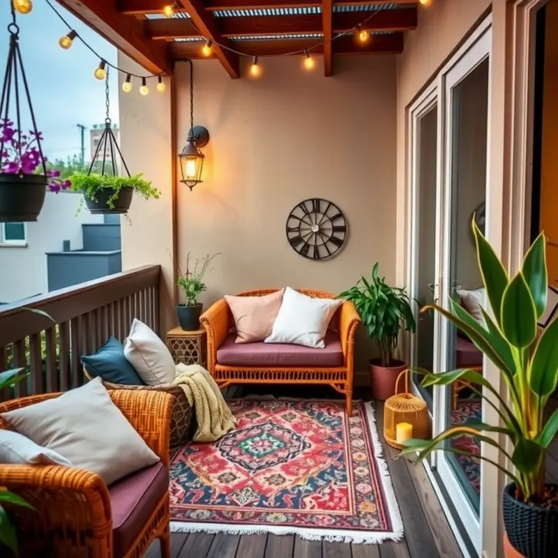 A cozy outdoor balcony with comfortable seating and decorative elements.
