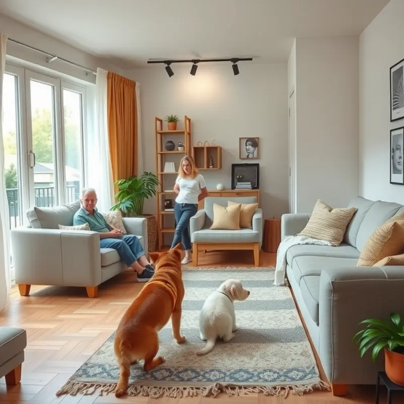 A warm and inviting living room suited for elderly pets and children.