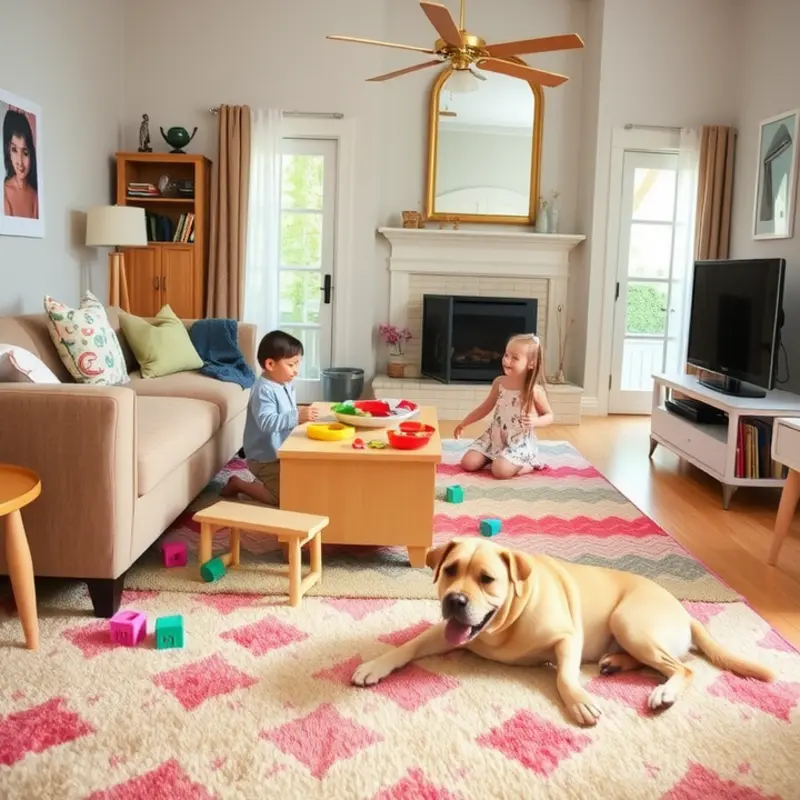 A child-friendly play area within a living room that encourages safe play for kids and pets.