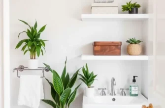 A charming rental bathroom with elegant DIY storage setups and a warm atmosphere.