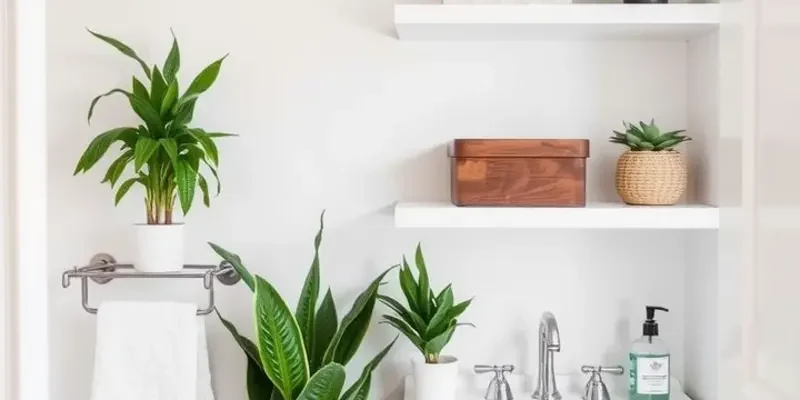 A charming rental bathroom with elegant DIY storage setups and a warm atmosphere.