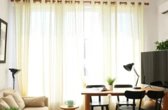A cozy rental living area exhibiting a blend of window treatments.