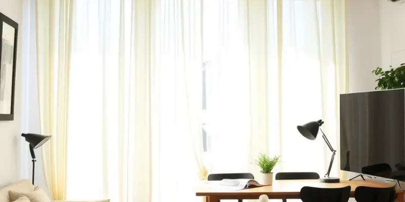 A cozy rental living area exhibiting a blend of window treatments.