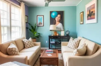 Warm and cozy small apartment with creative decorations and comfortable furniture.