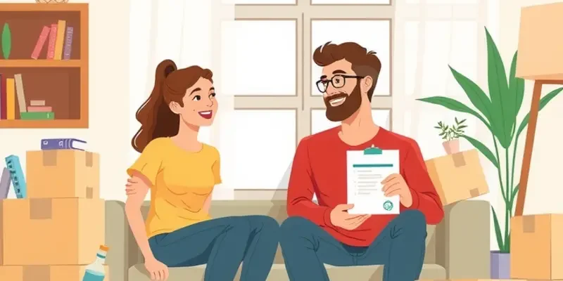 A diverse group of young individuals in a modern apartment discussing their rental plans.