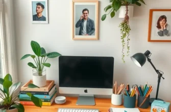 An inviting apartment workspace filled with colorful decor and greenery.