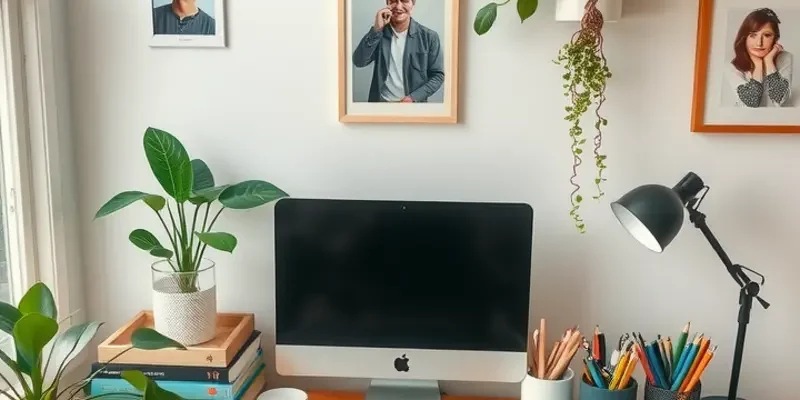 An inviting apartment workspace filled with colorful decor and greenery.