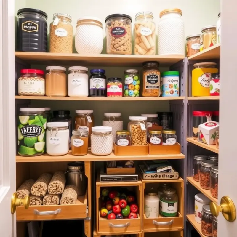 A creative layout of a well-organized pantry, maximizing space with vibrant storage options.
