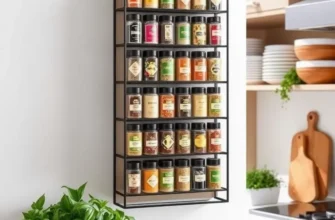 A kitchen with a DIY spice rack filled with organized spices and herbs.