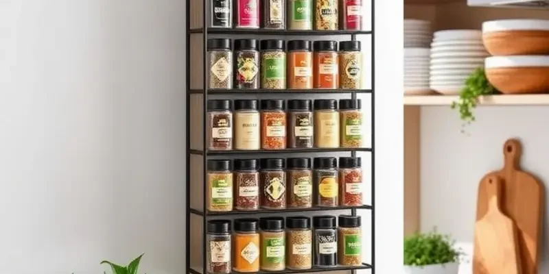 A kitchen with a DIY spice rack filled with organized spices and herbs.