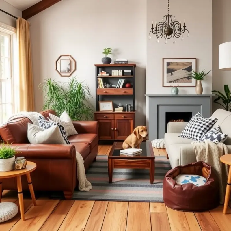 A stylish living room with pet-friendly materials.