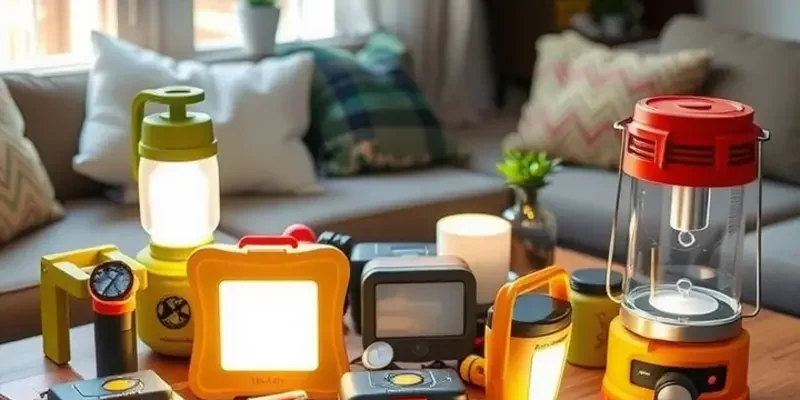 Different emergency lighting solutions in an apartment setting, showcasing safety options for renters.