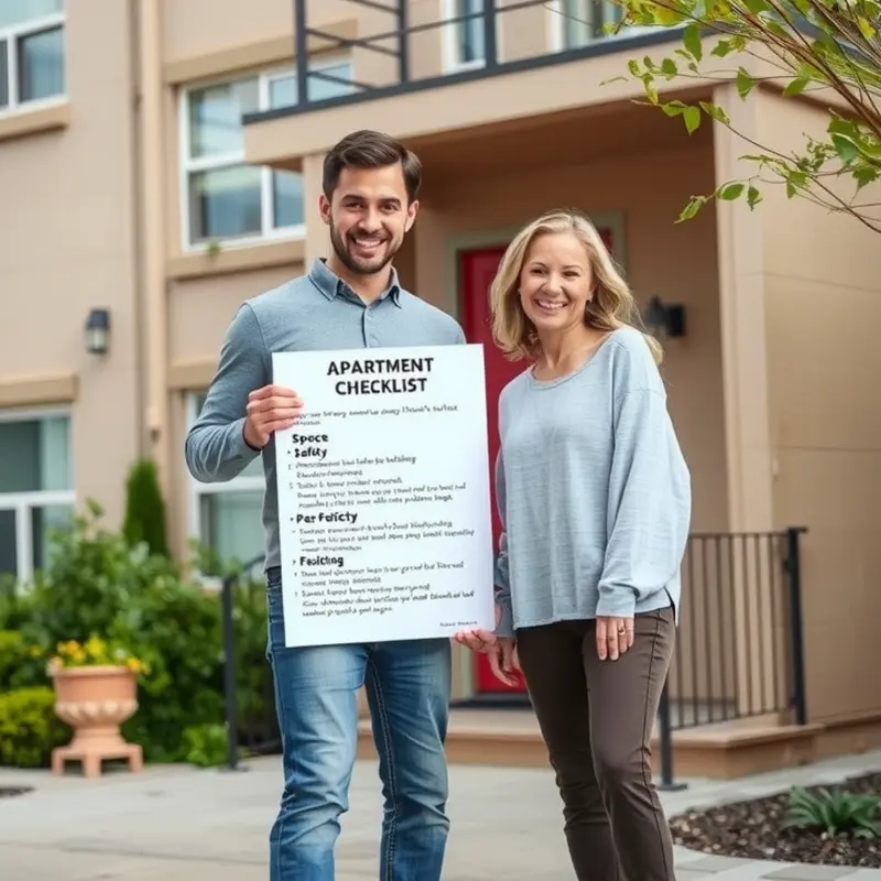 A family evaluating their apartment needs amidst a lively community.