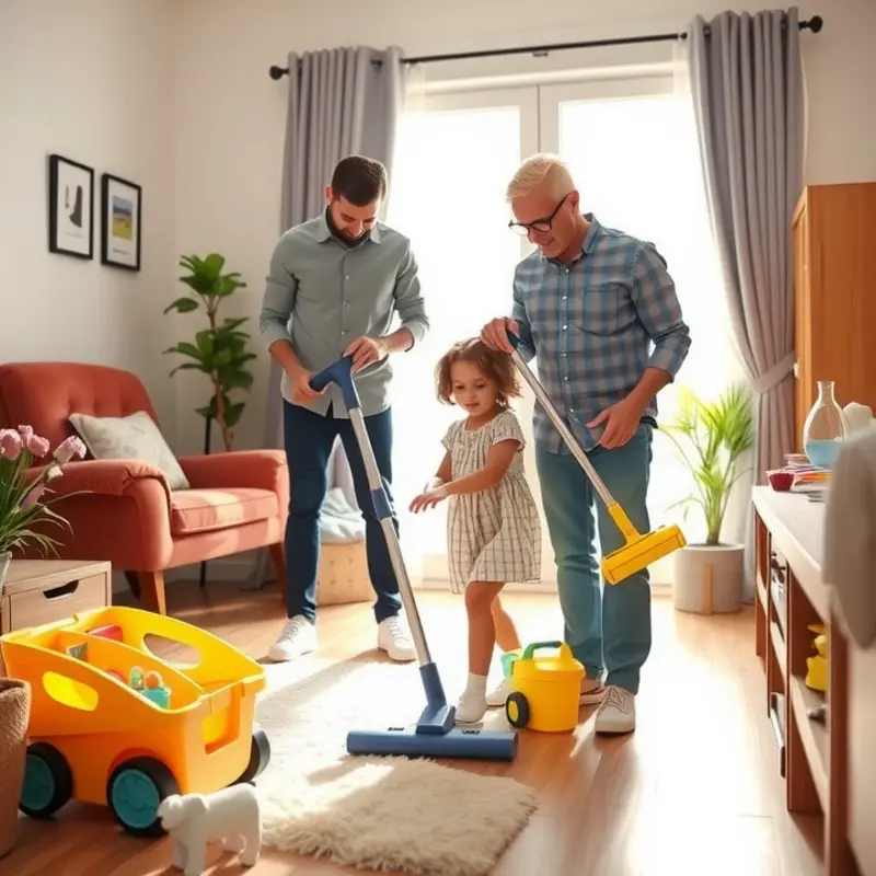 A family engaging in cleaning together, promoting teamwork and a cheerful environment.
