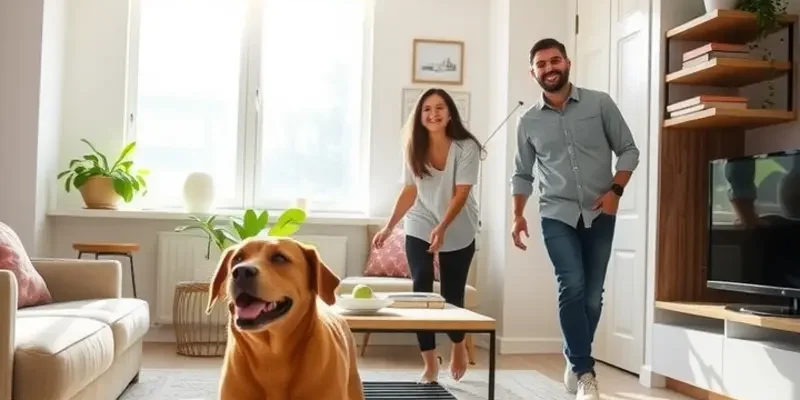 A family with happy dogs playing together in a warm apartment setting.