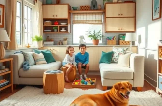 A family-friendly apartment showcasing playful colors and safe spaces for children and pets.