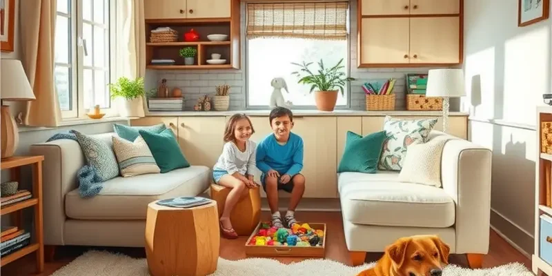 A family-friendly apartment showcasing playful colors and safe spaces for children and pets.