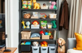 A bright apartment living area with well-organized pet supplies and a family enjoying time together, highlighting a pet-friendly environment.