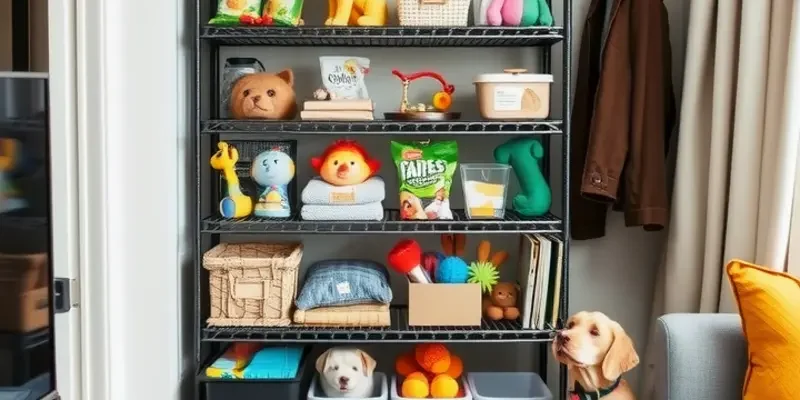 A bright apartment living area with well-organized pet supplies and a family enjoying time together, highlighting a pet-friendly environment.