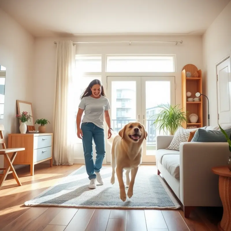 A joyful family inspecting a dog-friendly apartment during their search.