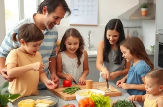 A cheerful family engaged in meal prep together in a colorful apartment kitchen.