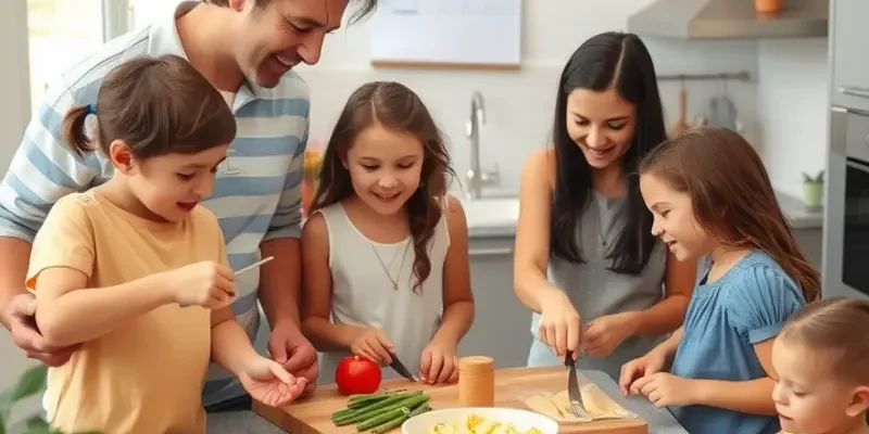 A cheerful family engaged in meal prep together in a colorful apartment kitchen.