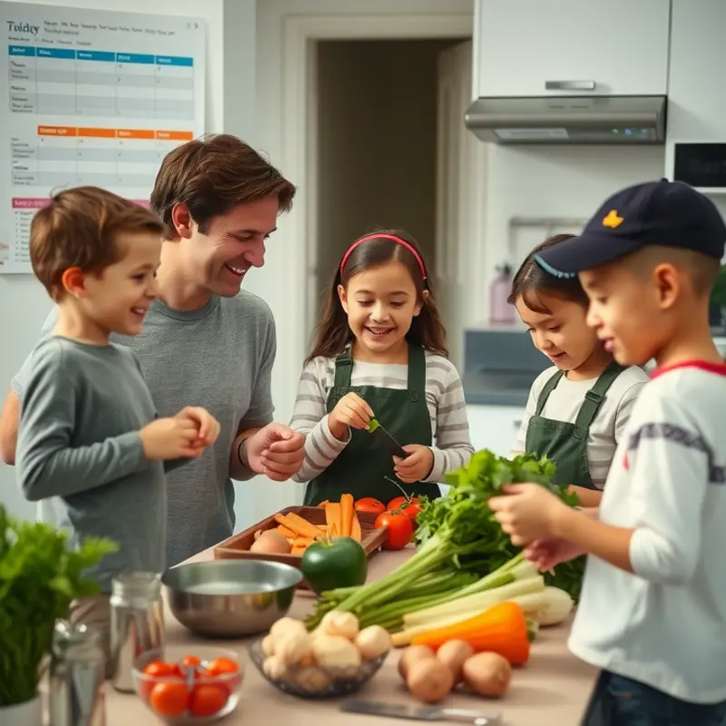 A family creating a meal prep schedule together in their apartment kitchen.