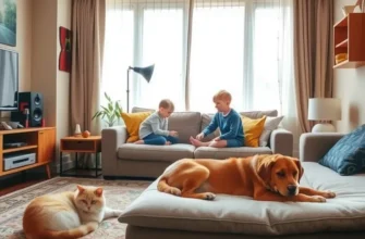 A harmonious family scene with children and pets in a cozy apartment setting, representing tranquility.