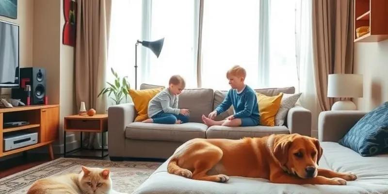 A harmonious family scene with children and pets in a cozy apartment setting, representing tranquility.
