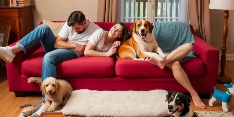 A joyful family in front of their new apartment with their dog, highlighting family and pet-friendly living.