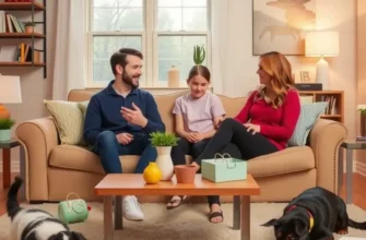 A cozy living room filled with cheerful children playing and pets relaxing, showcasing a happy, family-friendly atmosphere.