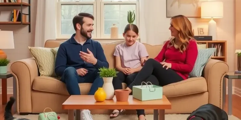 A cozy living room filled with cheerful children playing and pets relaxing, showcasing a happy, family-friendly atmosphere.