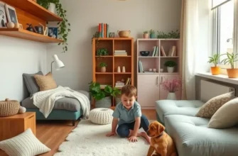 A family playing happily with their dog and cat in a cozy apartment setting.