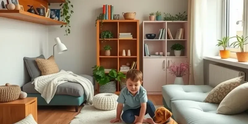 A family playing happily with their dog and cat in a cozy apartment setting.