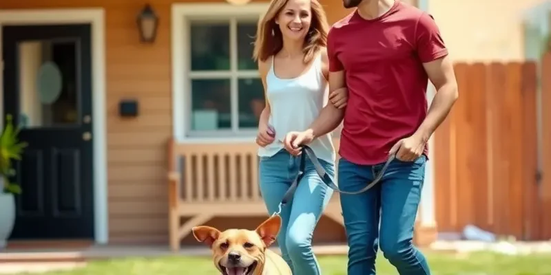 A family joyfully welcomed their dog into a new home, surrounded by boxes.