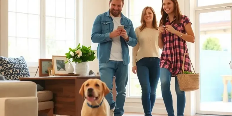 A family cuddling with their puppy on a couch in a warm apartment setting.