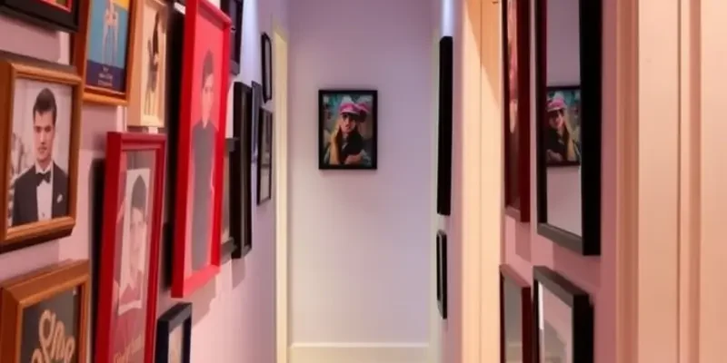 A vibrant and styled apartment hallway featuring a mix of art, functional decor, and personal touches.