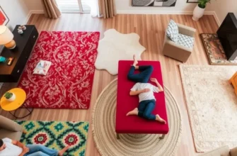 A modern living room displaying a beautiful rug in an apartment setting.
