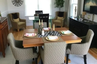 An elegantly decorated dining table in an apartment setting, showcasing a warm and inviting atmosphere.