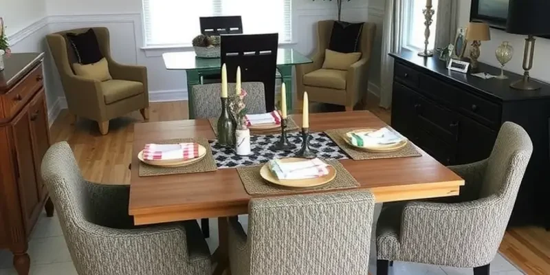 An elegantly decorated dining table in an apartment setting, showcasing a warm and inviting atmosphere.