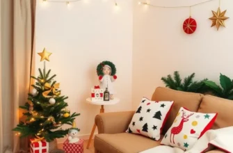 Cozy apartment decorated for the holidays, filled with twinkling lights and festive decor.