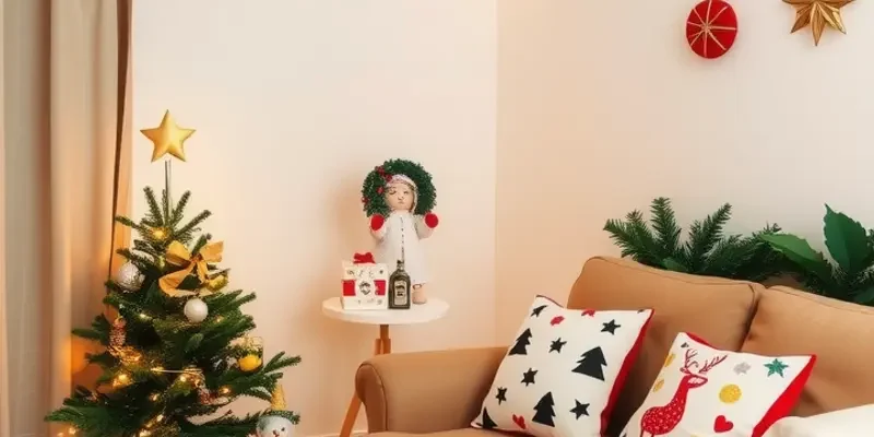 Cozy apartment decorated for the holidays, filled with twinkling lights and festive decor.