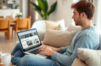 A couple using a tablet to browse apartment listings with moving boxes in the background.