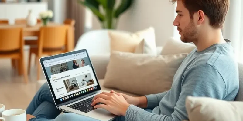 A couple using a tablet to browse apartment listings with moving boxes in the background.