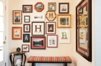 Aesthetic view of a stylish small apartment entryway with art and functional storage.