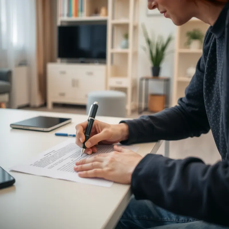 A woman reviewing her lease to understand her rights regarding noise complaints.