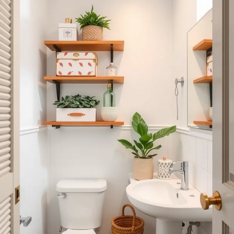 Stylish wall-mounted floating shelves in a rental bathroom, blending storage with decor.
